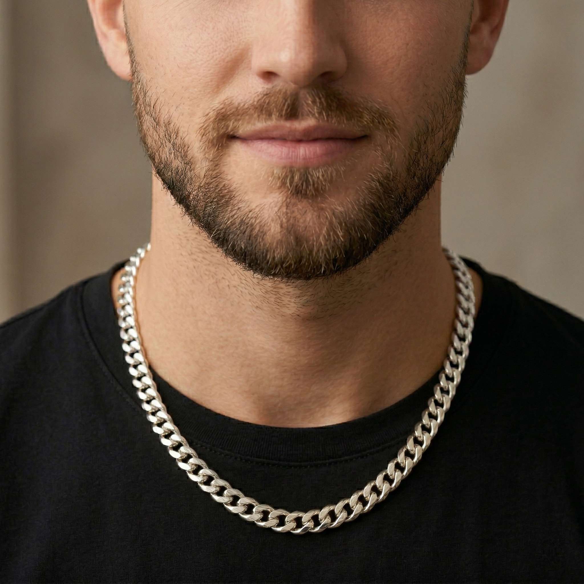 front view of model styling the Matzzo 7mm silver Cuban chain with men's streetwear